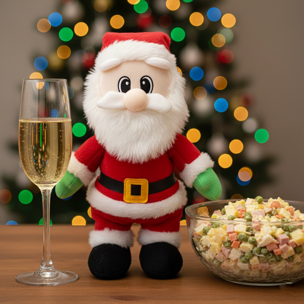 Смешной Тверк-Санта стоит на праздничном столе рядом с шампанским.